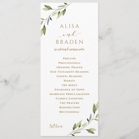 Elegant groen & goud waterverf blad bruiloft programmakaart (Voorkant)