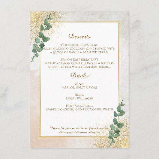 Elegant Groen & Goud Wedding Menu Kaart (Achterkant)