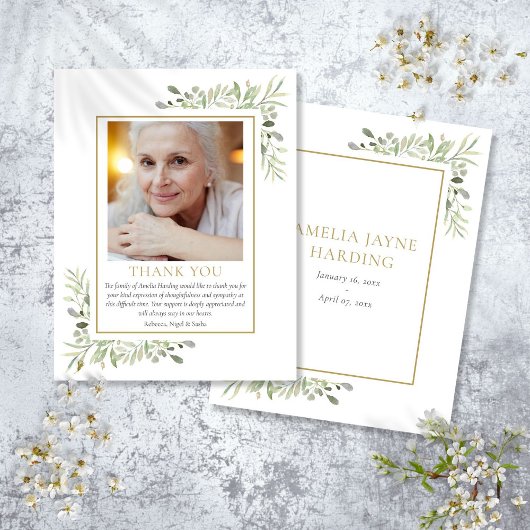 Elegant groen gouden begrafenisfoto bedankkaart