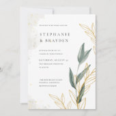 Elegant groen & gouden bladeren aquarel bruiloft kaart (Voorkant)