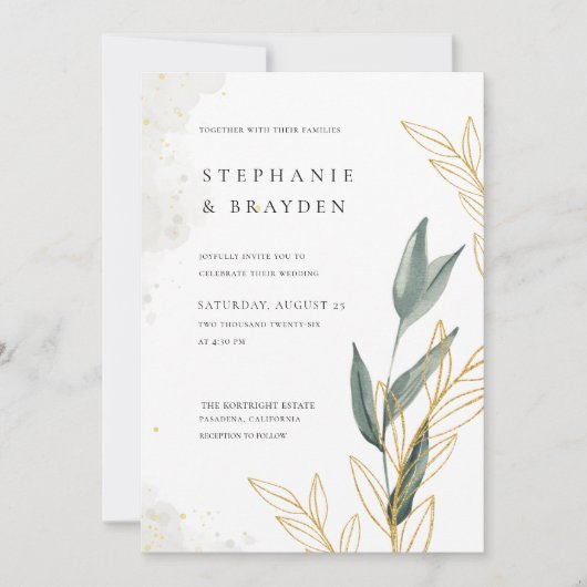 Elegant groen & gouden bladeren aquarel bruiloft kaart (Voorkant)