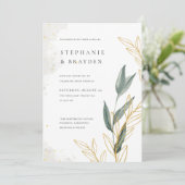 Elegant groen & gouden bladeren aquarel bruiloft kaart (Staand voorkant)