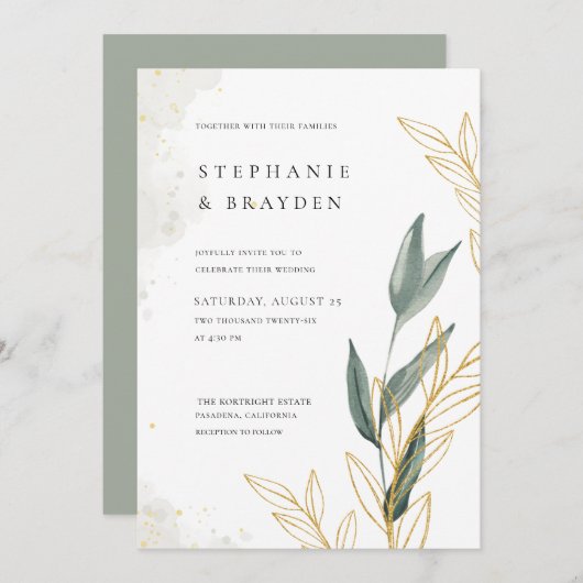 Elegant groen & gouden bladeren aquarel bruiloft kaart (Voorkant / Achterkant)