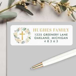 Elegant groen gouden bloemkruis doopadres etiket