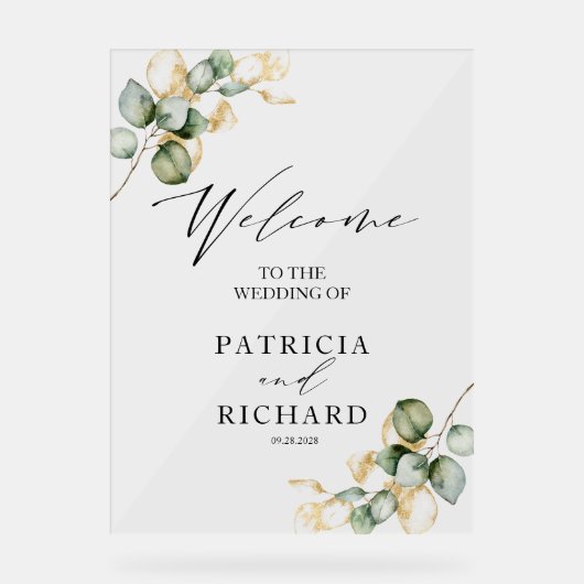 Elegant groen gouden bruiloft welkomstbord acryl bord (Voorkant)