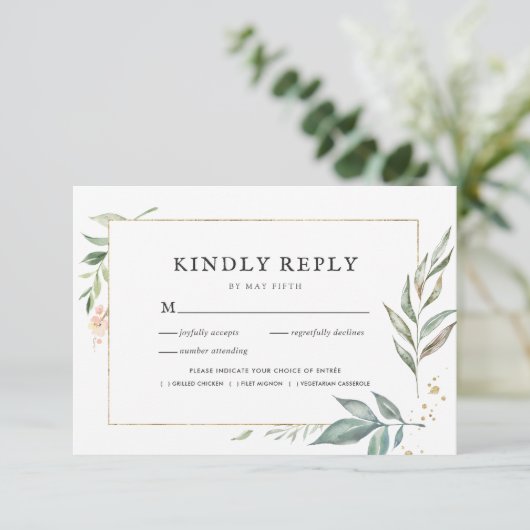 Elegant groen gouden Lijst bruiloft RSVP w/Meal (Staand voorkant)