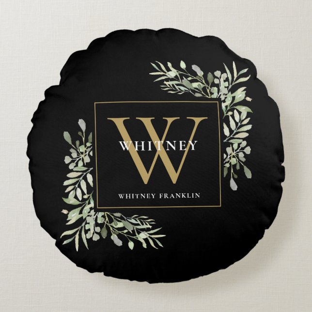 Elegant groen gouden monogram zwart rond kussen (Voorkant)