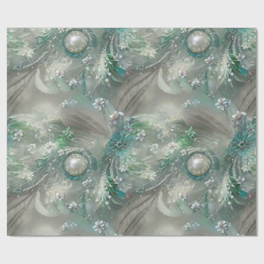 Elegant groen, grijs en wit bloemmotief en versier cadeaupapier (Vlak)