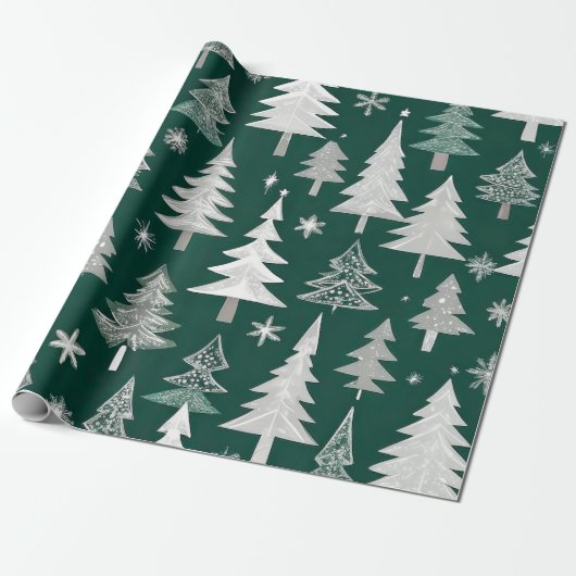 Elegant groen grijs kerstboom patroon cadeaupapier (Uitgerold)