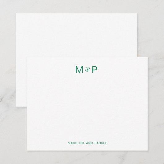 Elegant groen hedendaags koppel monogram notitiekaartje (Voorkant / Achterkant)