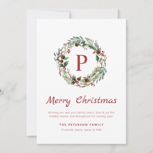 Elegant groen Holly Berry Monogram Krans Feestdagenkaart (Voorkant)