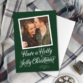 Elegant Groen Holly Jolly Kerstmis Script Foto Feestdagenkaart