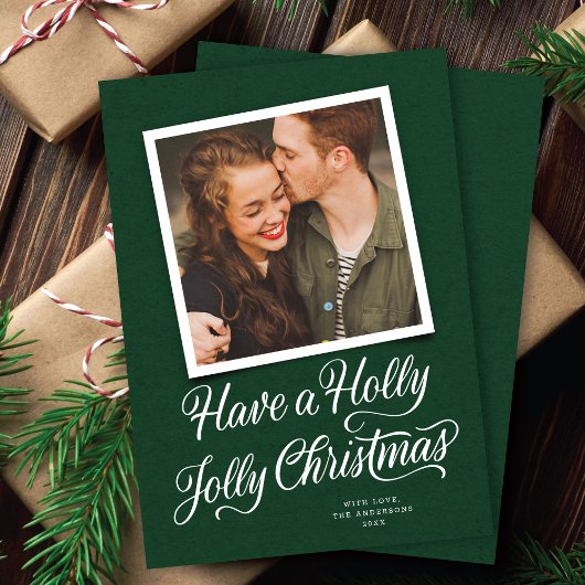 Elegant Groen Holly Jolly Kerstmis Script Foto Feestdagenkaart
