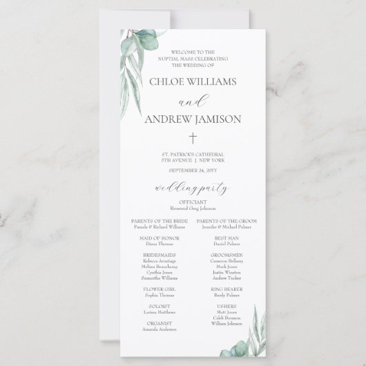 Elegant groen Katholiek Huwelijksmassa Programma (Voorkant)