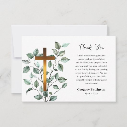 Elegant groen koperkruis katholieke begrafenis bedankkaart (Voorkant)