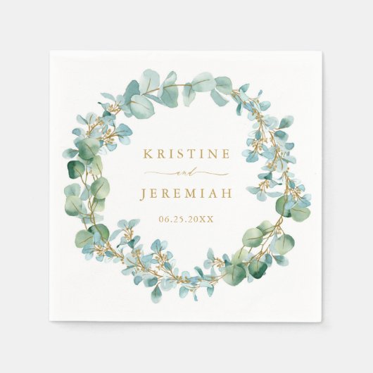 Elegant groen krans gouden eucalyptus bruiloft servet (Voorkant)