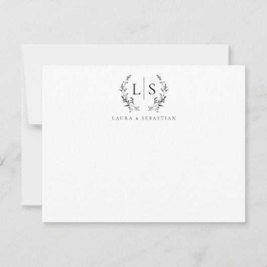 Elegant groen krans monogram paar stationery notitiekaartje (Voorkant)