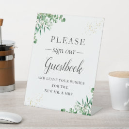 Elegant groen laat bloemengastenboek teken reclamebord met voetstuk