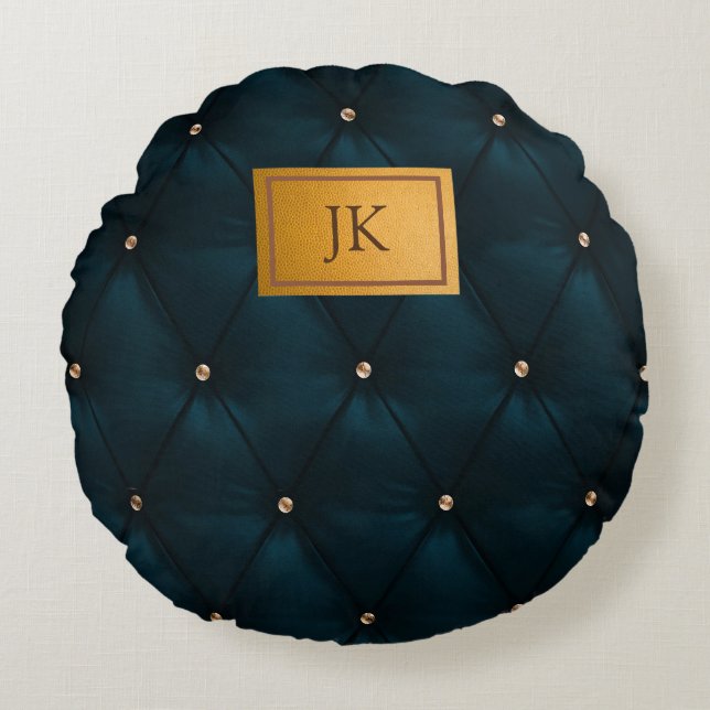 Elegant groen leer,Diamanten,Monogram Rond Kussen (Voorkant)