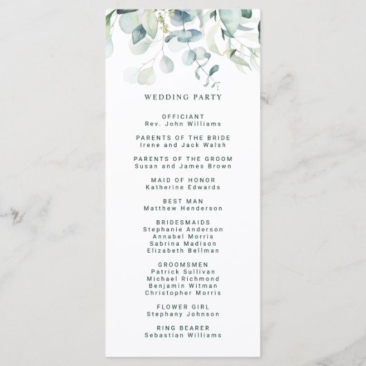 Elegant groen loof bruiloft programma programmakaart (Achterkant)