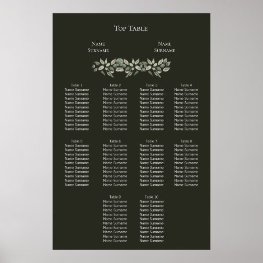 Elegant groen loof bruiloft zitschema poster (Voorkant)