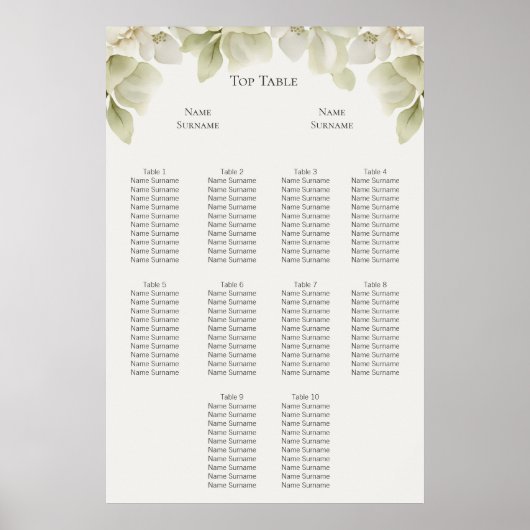 Elegant groen loof bruiloft zitschema poster (Voorkant)