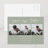 Elegant groen manuscript 3 foto's sparen de datum briefkaart (Voorkant / Achterkant)