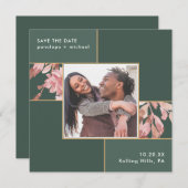 Elegant Groen met Roze Bloemen Foto Bruiloft Save The Date (Voorkant / Achterkant)