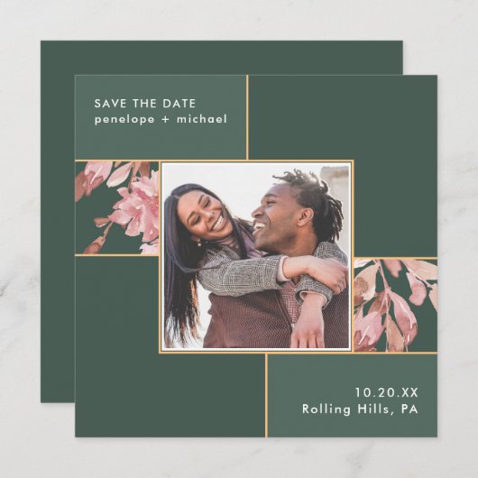 Elegant Groen met Roze Bloemen Foto Bruiloft Save The Date (Voorkant / Achterkant)