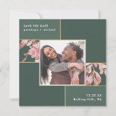 Elegant Groen met Roze Bloemen Foto Bruiloft Save The Date (Voorkant)