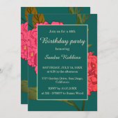 Elegant groen met roze bloemverjaardagsuitnodiging kaart (Voorkant / Achterkant)