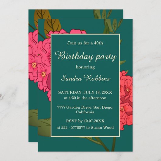 Elegant groen met roze bloemverjaardagsuitnodiging kaart (Voorkant / Achterkant)