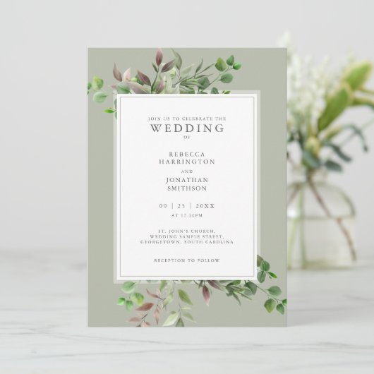 Elegant groen Minimale bruiloft uitnodiging (Staand voorkant)