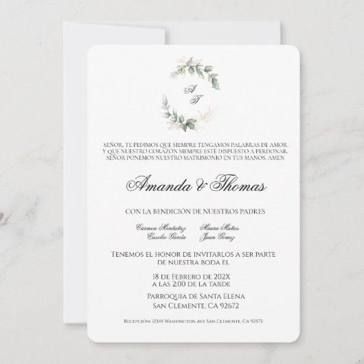 Elegant groen minimalistische Spaanse bruiloft Kaart (Voorkant)