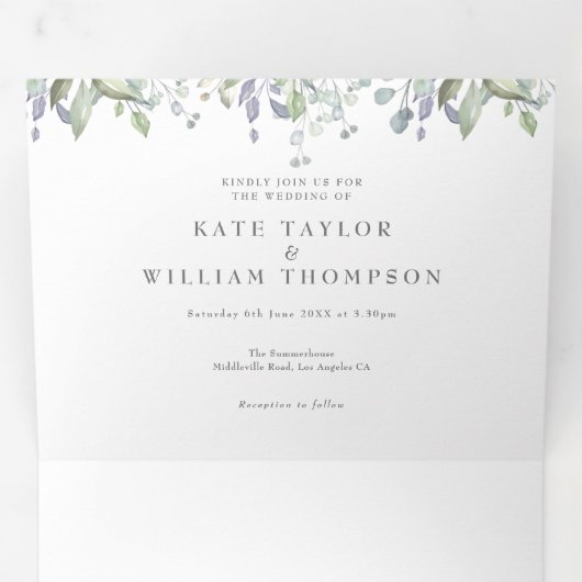 Elegant groen monogram foto bruiloft drieluik uitnodiging (Binnenzijde eerst)