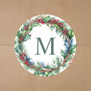 Elegant Groen Monogram Initiaal Kerstkrans Ronde Sticker