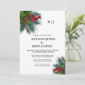Elegant groen monogram kerst bruiloft kaart (Staand voorkant)