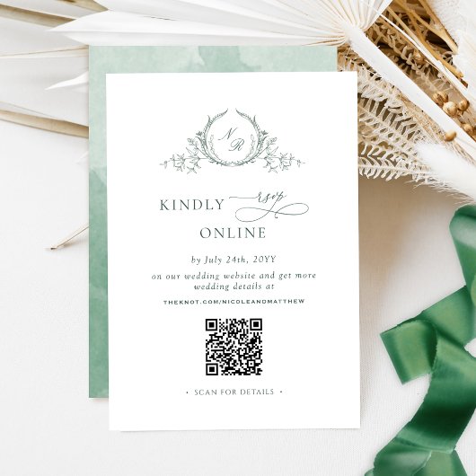 Elegant Groen Monogram RSVP Online QR Code Informatiekaartje