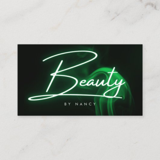 Elegant Groen Neon & Rook Beauty Salon Script Visitekaartje (Voorkant)