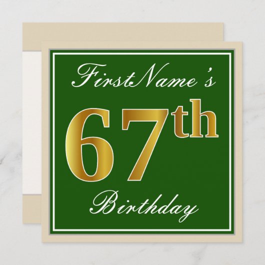 Elegant, Groen, Nep Goud 67e Verjaardag + Naam Kaart (Voorkant / Achterkant)