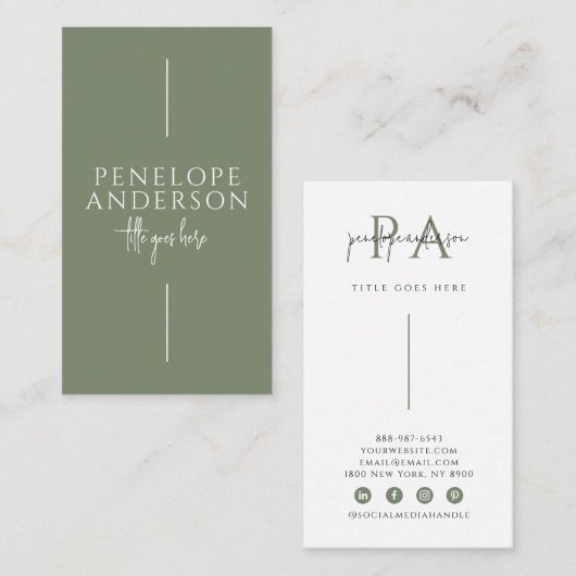 Elegant groen neutraal boho chic modern uniek visitekaartje (Voorkant / Achterkant)