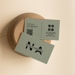 Elegant Groen Neutraal QR Code Monogram Logo Boho Visitekaartje