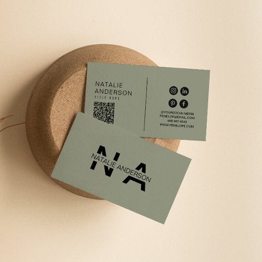 Elegant Groen Neutraal QR Code Monogram Logo Boho Visitekaartje
