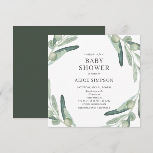 Elegant groen Olijf Baby shower Uitnodiging (Voorkant / Achterkant)
