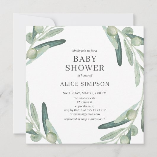 Elegant groen Olijf Baby shower Uitnodiging (Voorkant)