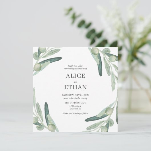 Elegant groen olijf bruiloft uitnodiging (Staand voorkant)