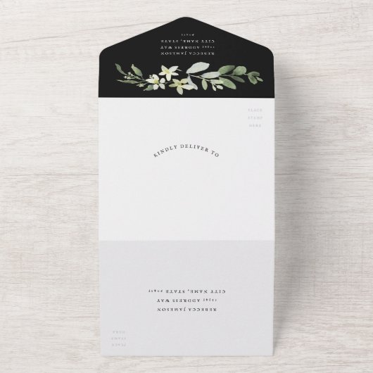 Elegant groen op zwarte trouwdag all in one uitnodiging (Buitenkant)