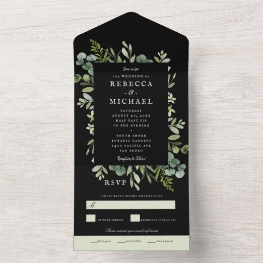 Elegant groen op zwarte trouwdag all in one uitnodiging (Binnen)
