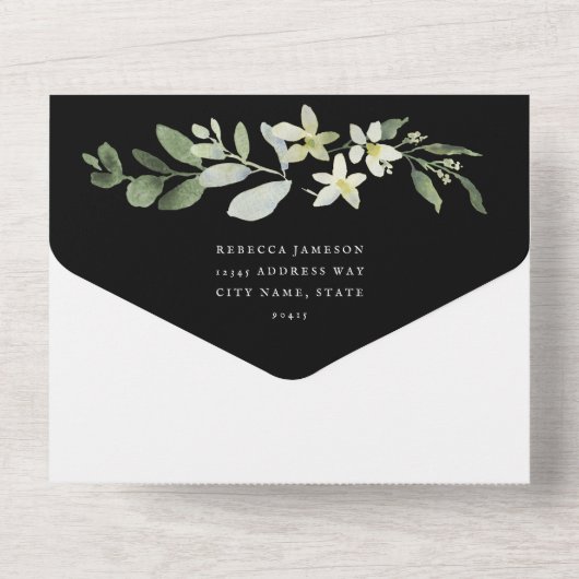 Elegant groen op zwarte trouwdag all in one uitnodiging (Achterkant)