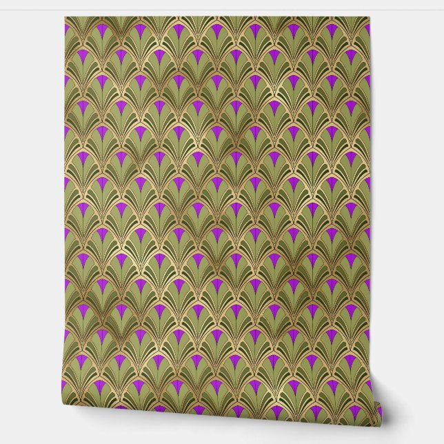 Elegant Groen Paarse Gouden Art Deco  Patroon Behang (Afrollen)